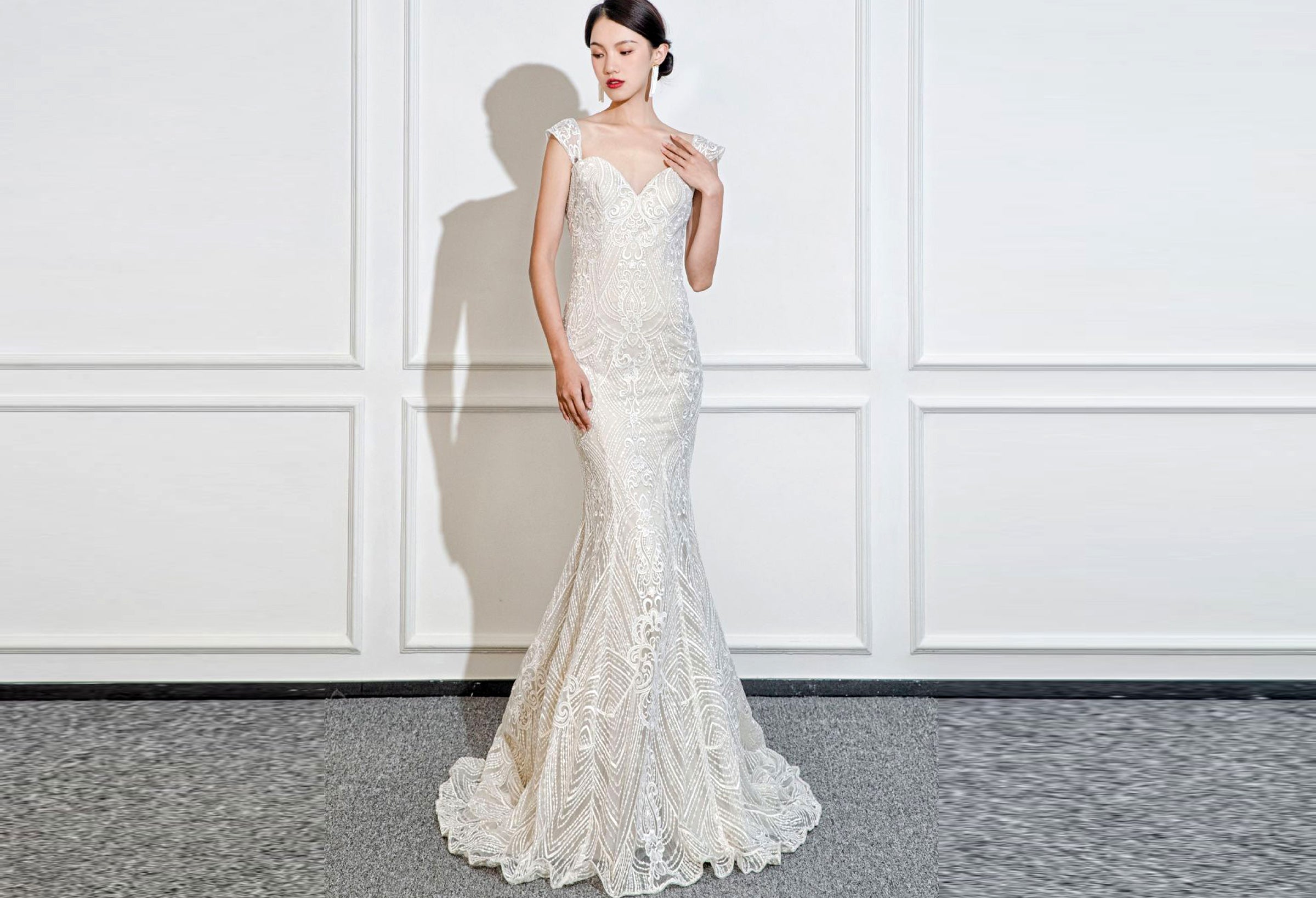 chinese dress ladies Davinci Bridal 50507 Fit & Flare Lace Mermaid Wedding Dress Sheer Illusion Straps V Neck 20 / White main image 1