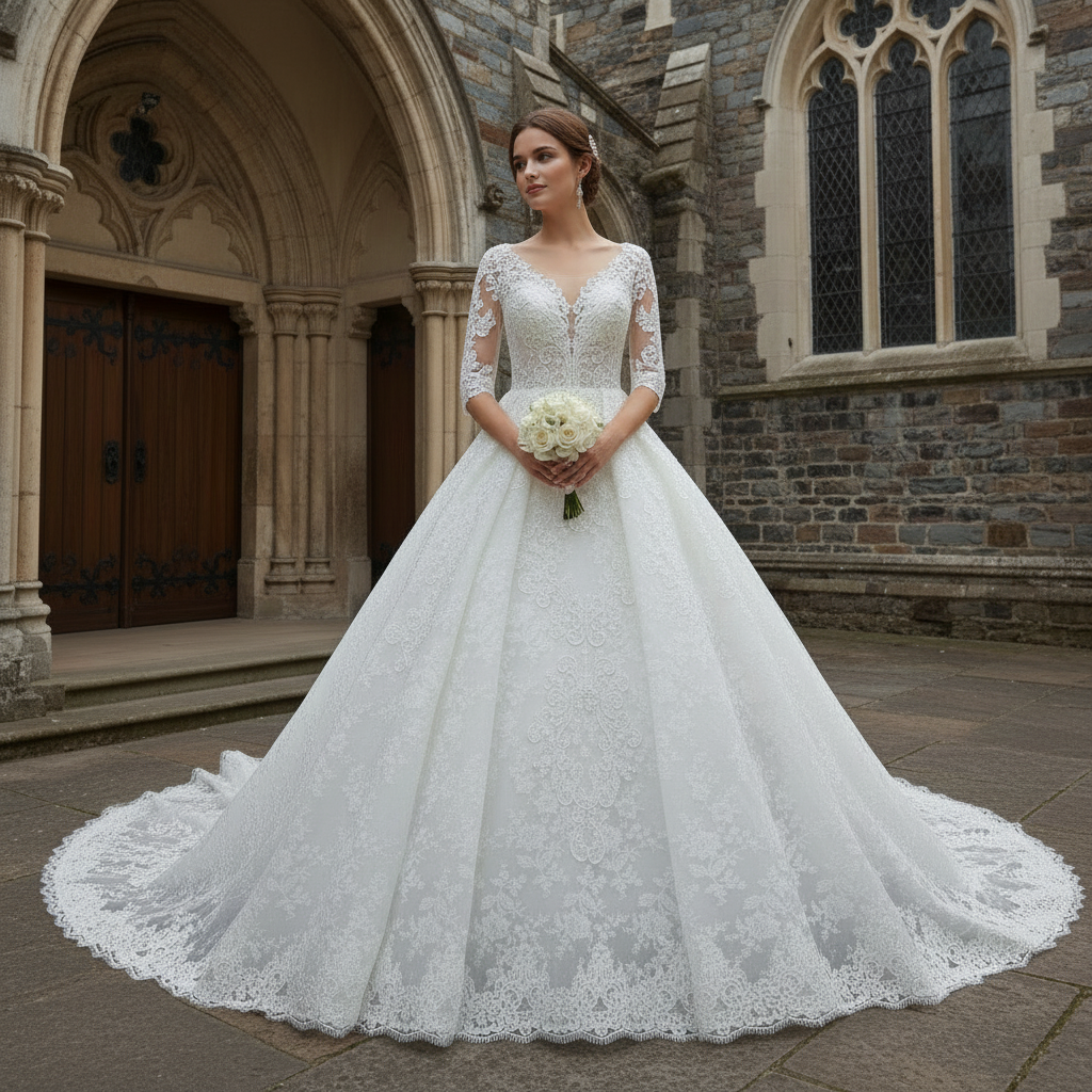 Vintage Sheer Back Half Sleeve Lace Wedding Dress with V-neck Rosymae Vintage Sheer Back Half Sleeve Lace Wedding Dress with V-neck Rosymae
