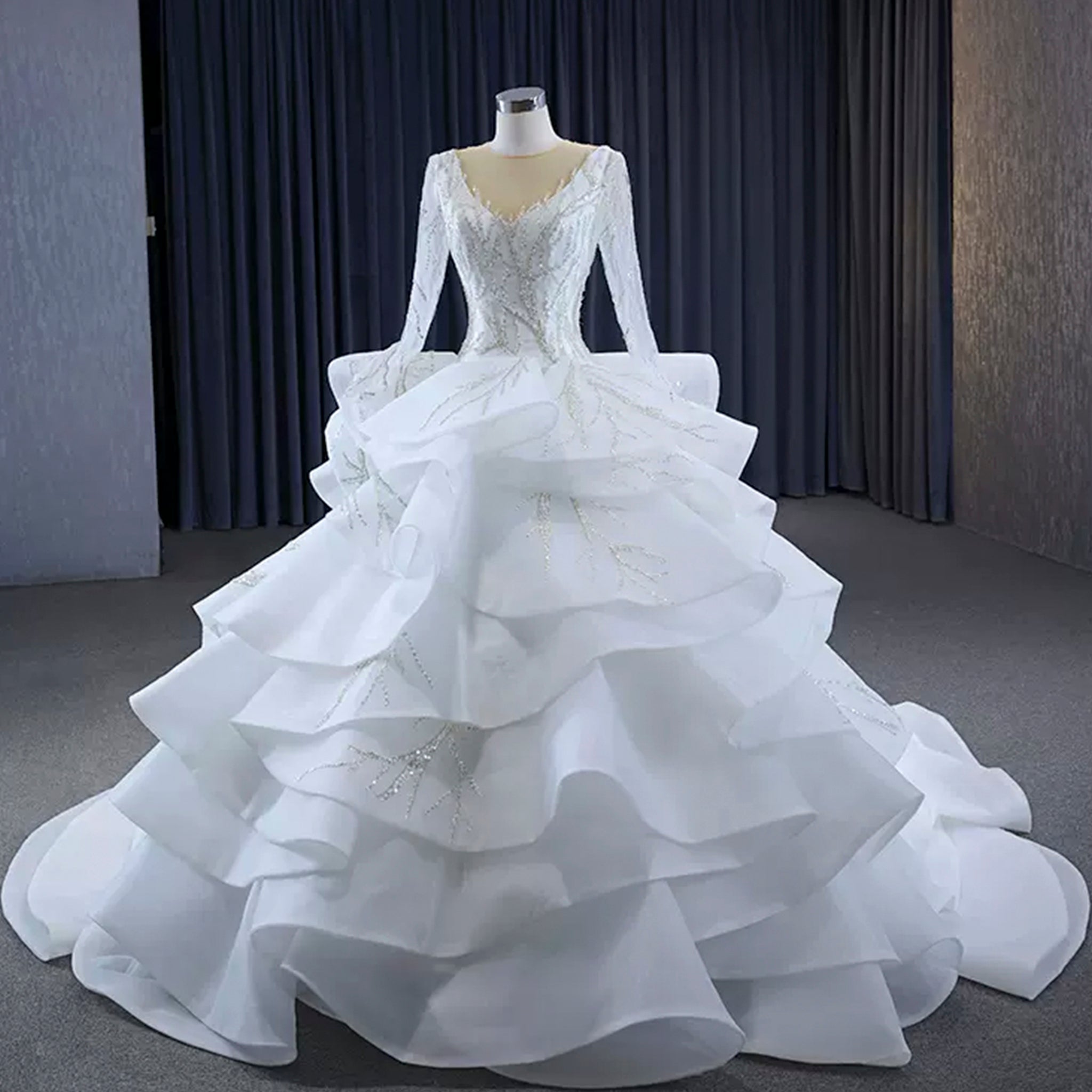 Beaded Lace Apliqued Ruffled Wedding Dresses Long Sleeve Bridal Gown