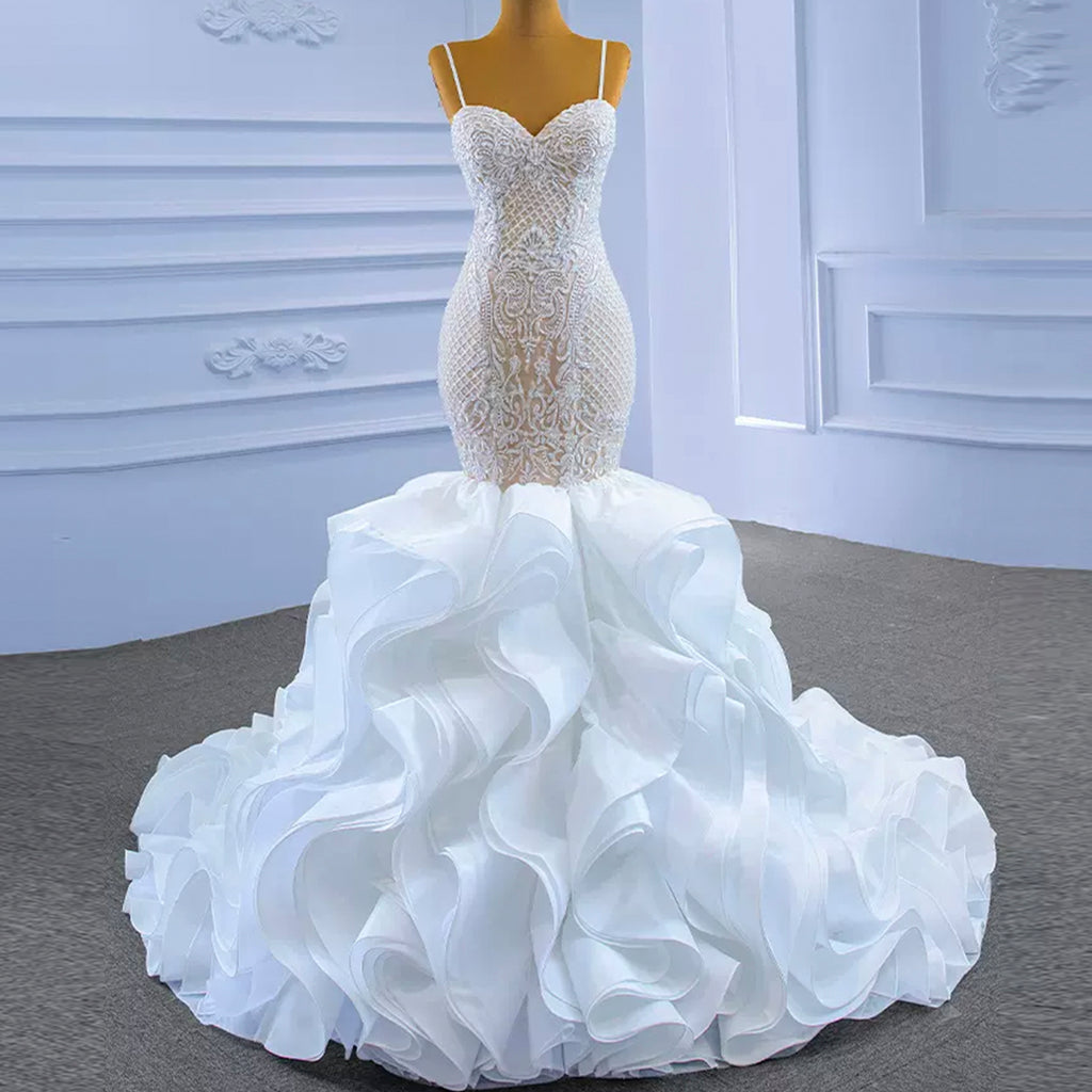 Charming Sleeveless Spaghetti Straps Mermaid Wedding Dress with Ruffles main image 1