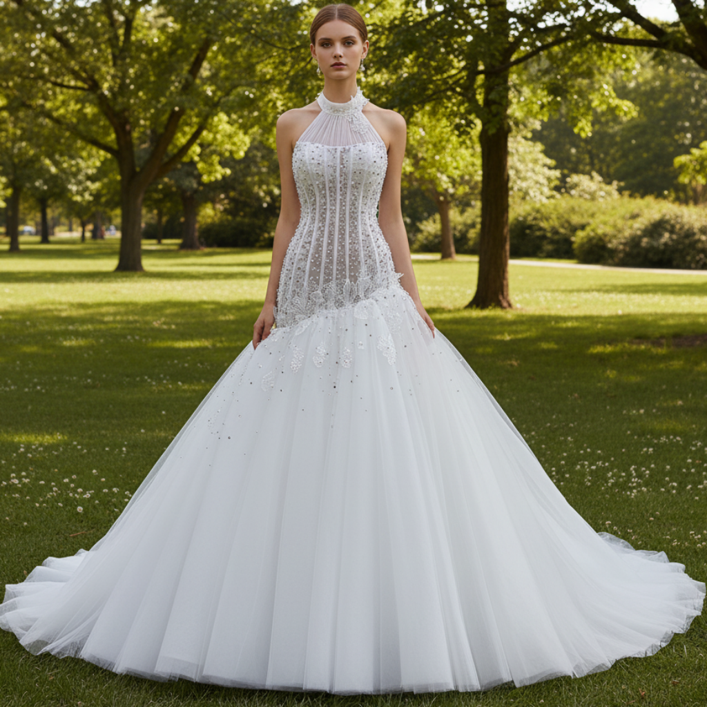 sachin and babi light blue dress Modern Fit-and-Flare Sexy Lace Halter Neck Wedding Gown