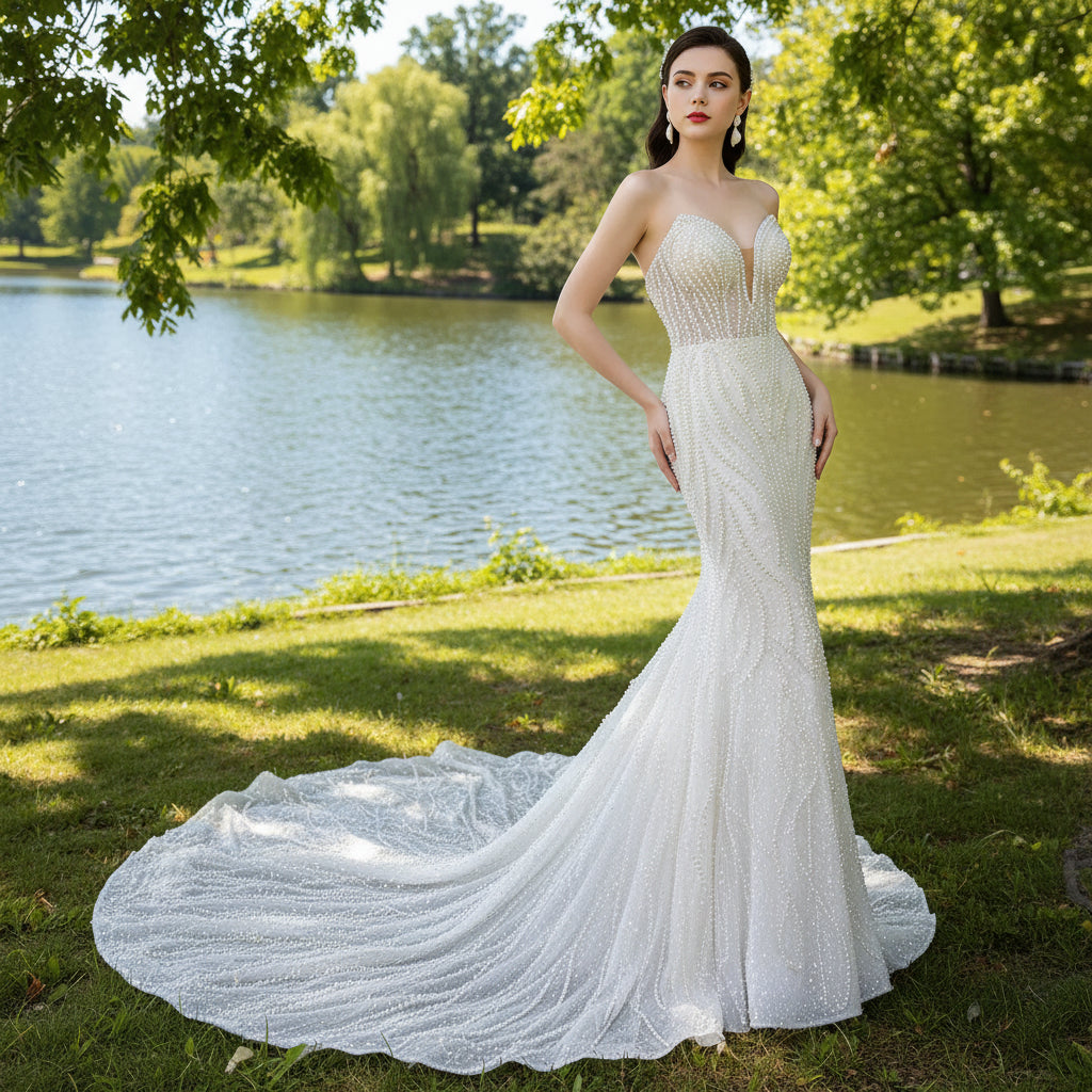 Mermaid Sequins Strapless Pearls Wedding Dress with Vneck White / 18