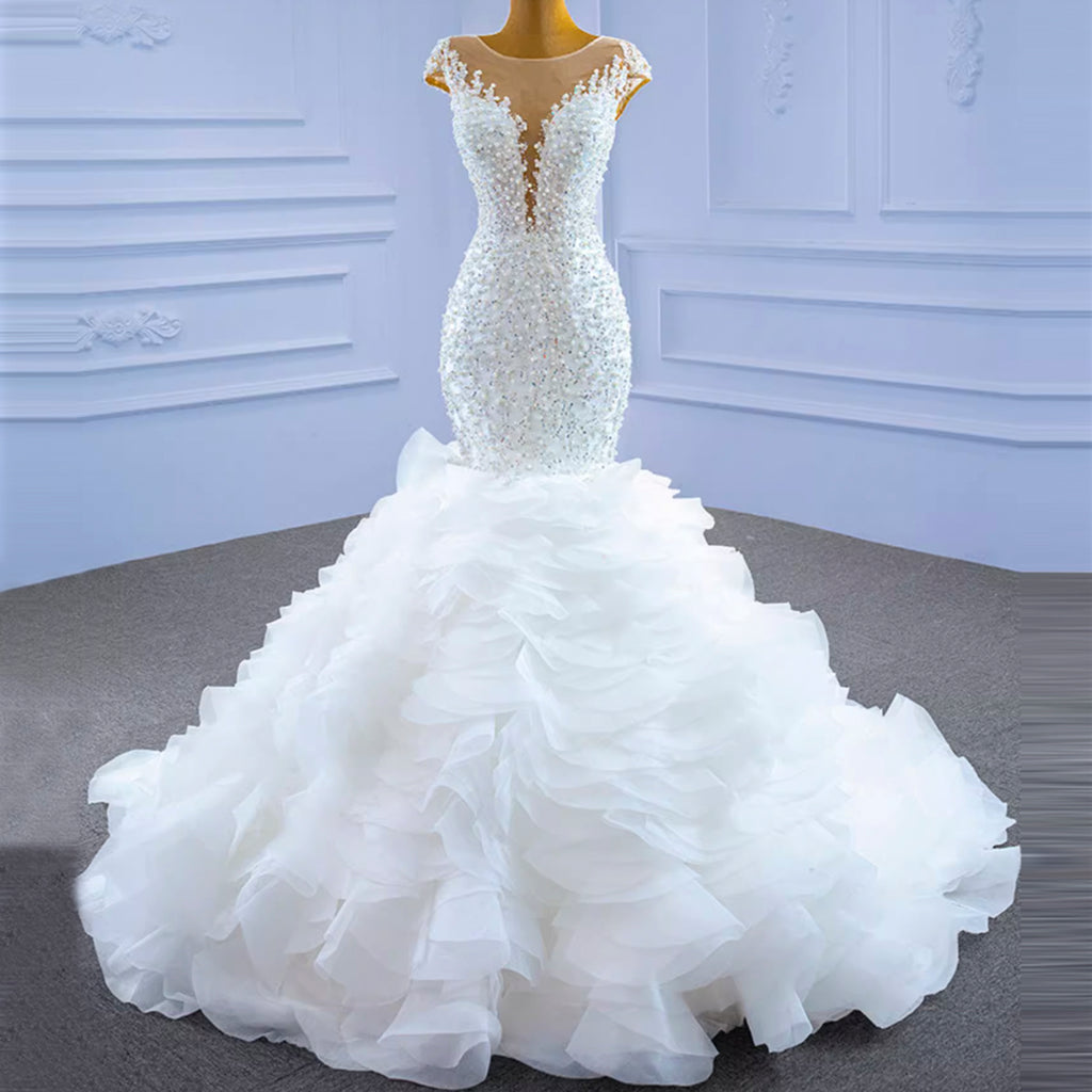 Luxury Pearl Mermaid Ruffle Wedding Dress with Cap Sleeve – Rosymae