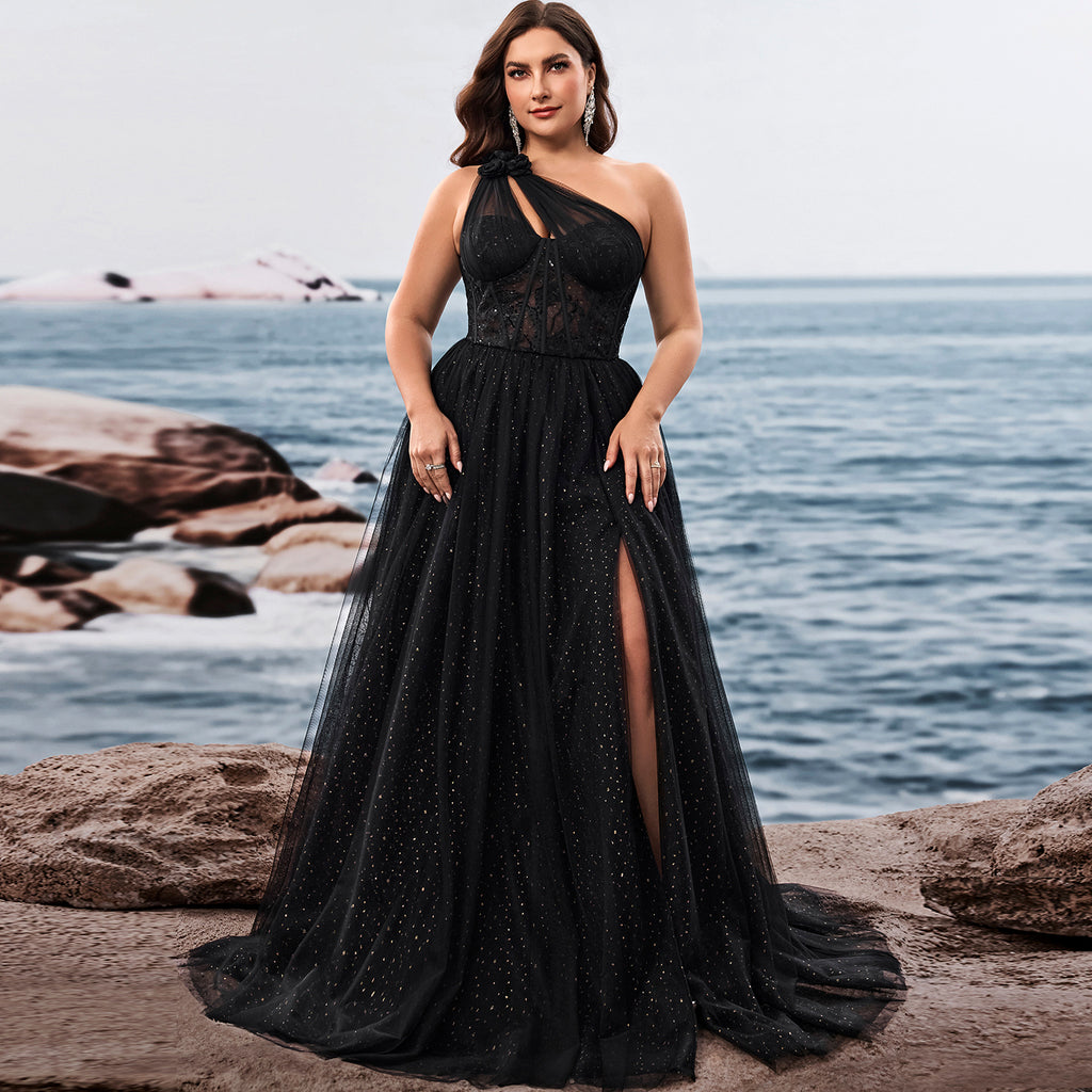 Plus Size Women's Elegant One Shoulder Chic Evening Gown with Leg Slit Rosymae Plus Size Women's Elegant One Shoulder Chic Evening Gown with Leg Slit Rosymae