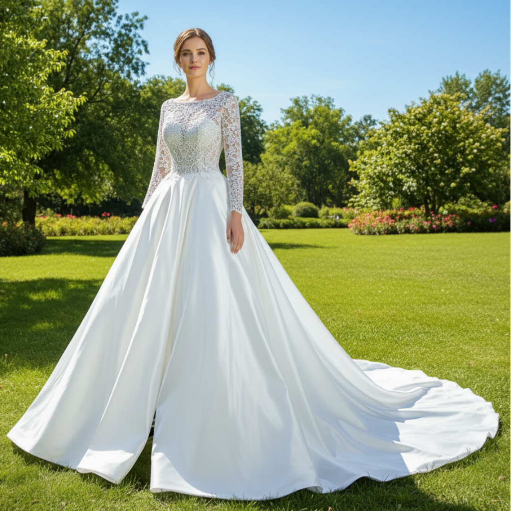 Long Sleeve Beaded Satin Wedding Dress with Front Slit White / 24W