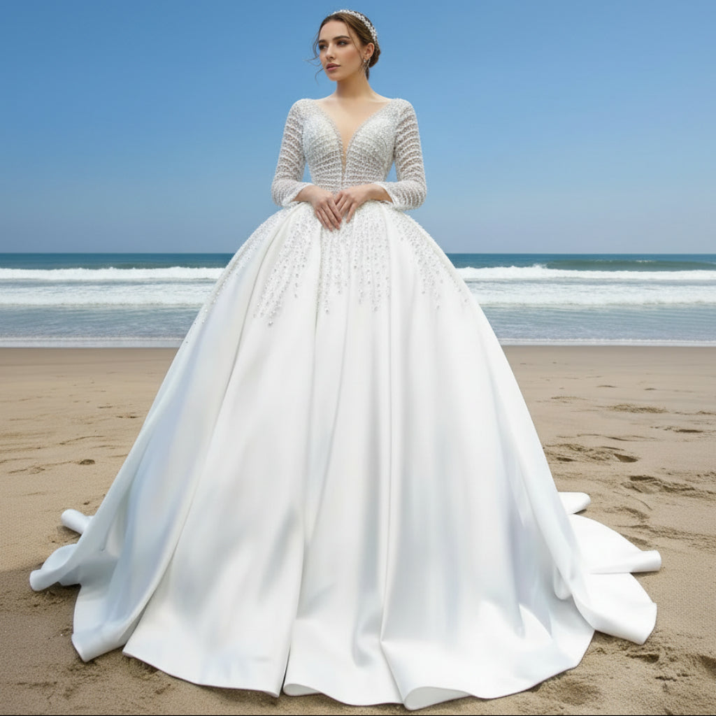 Long Sleeve Beaded Pearl Satin Wedding Dress Vintage Ball Gown