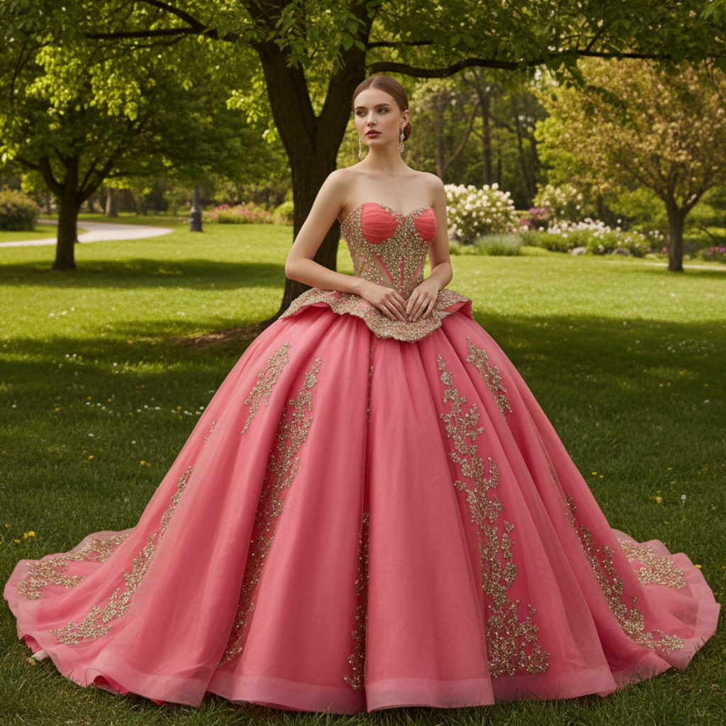 kristen bell golden globes dress Strapless Sweetheart Quinceañera Dress with Voluminous Skirt and Gold Details Watermelon / 12