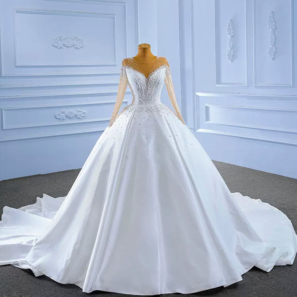 Chic High Neck Satin Evening Gown With Sheer Mesh Sleeves