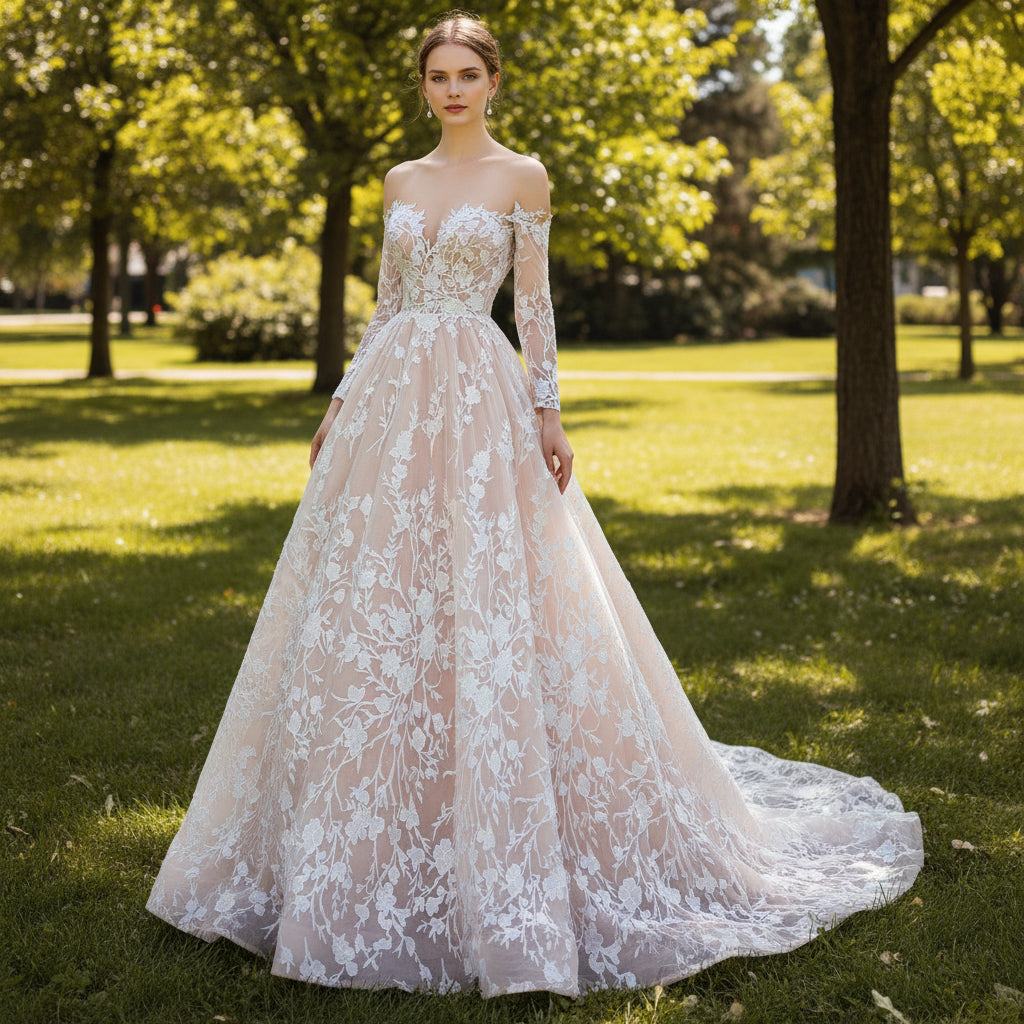 Short Sleeves Lace Plus Size Champagne Off Shoulder Wedding Dress main image 0