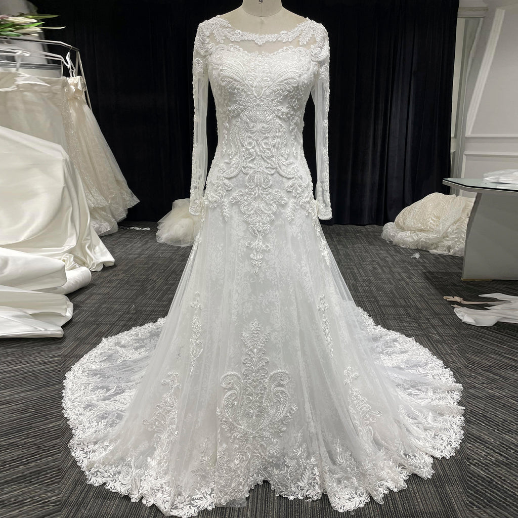 Trendy A-line Long Sleeve Lace Beading Bridal Gowns TWA112