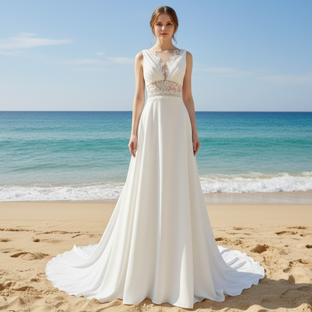 A-line Sheer Vneck Satin Wedding Dress with Illusion Bodice Rosymae A-line Sheer Vneck Satin Wedding Dress with Illusion Bodice Rosymae