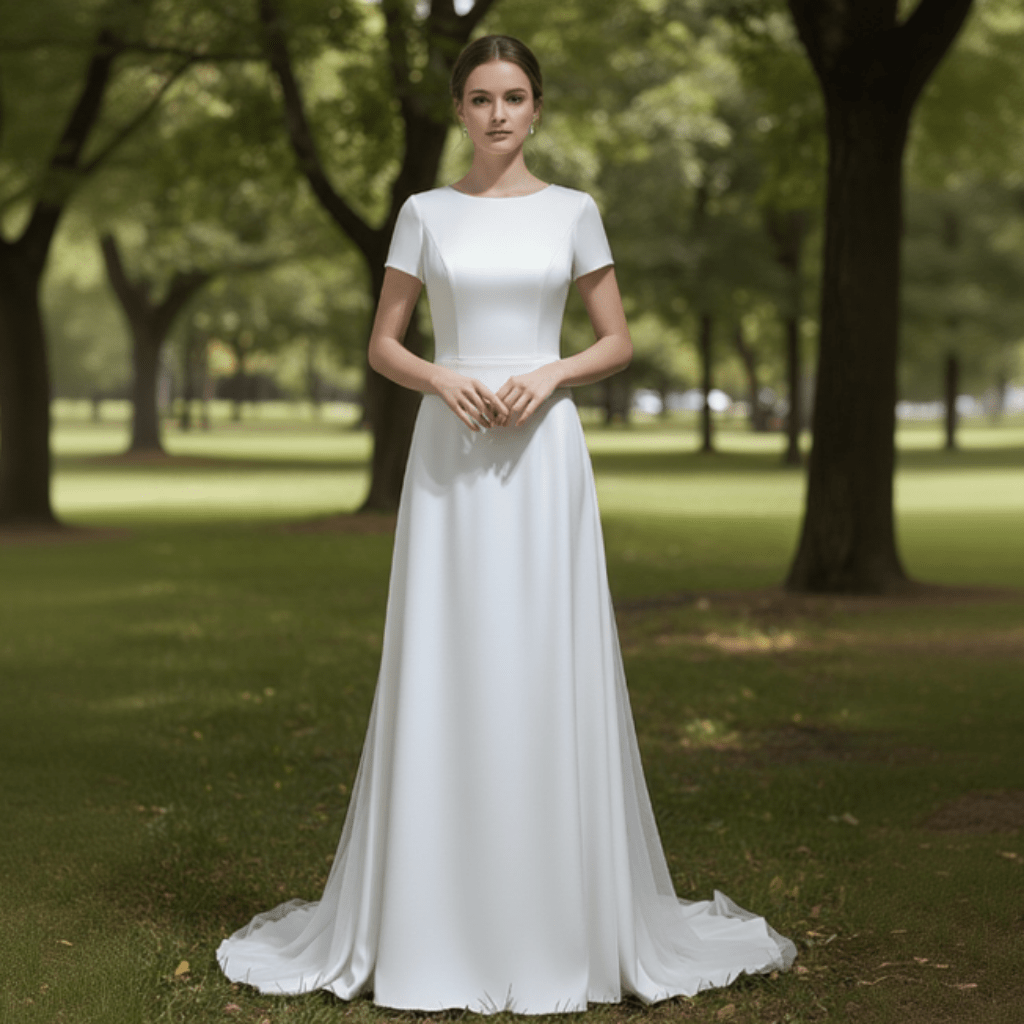 A-line Simple Satin White Wedding Dress with Short Sleeve Ivory / 10