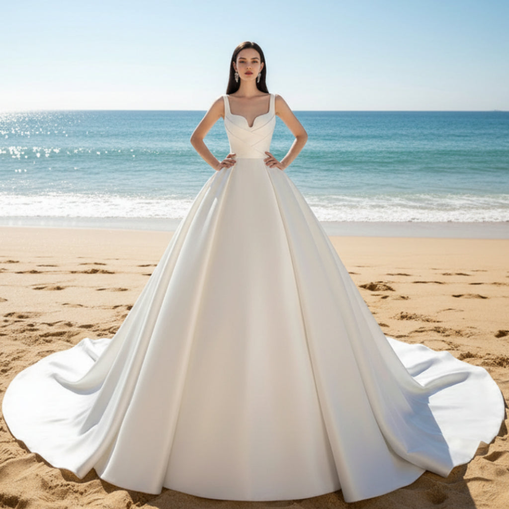 White Ball Gown Satin Square Neck Wedding Dress main image 0