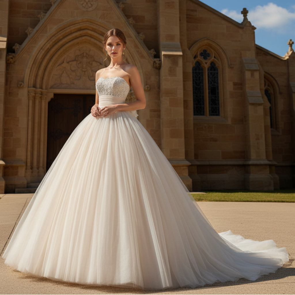 Pretty Ball Gown Strapless Tulle Long Wedding Dresses C4095 main image 0