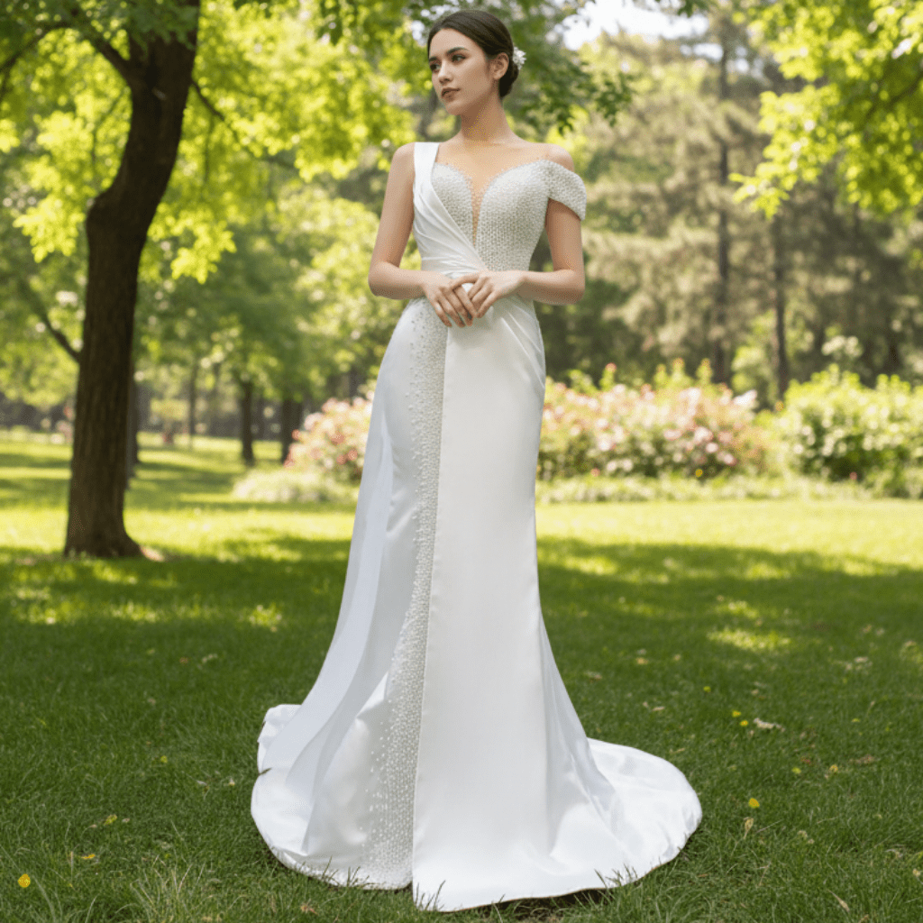 Beaded Pearl Mermaid Satin Wedding Dress with High Back Ivory / 20W
