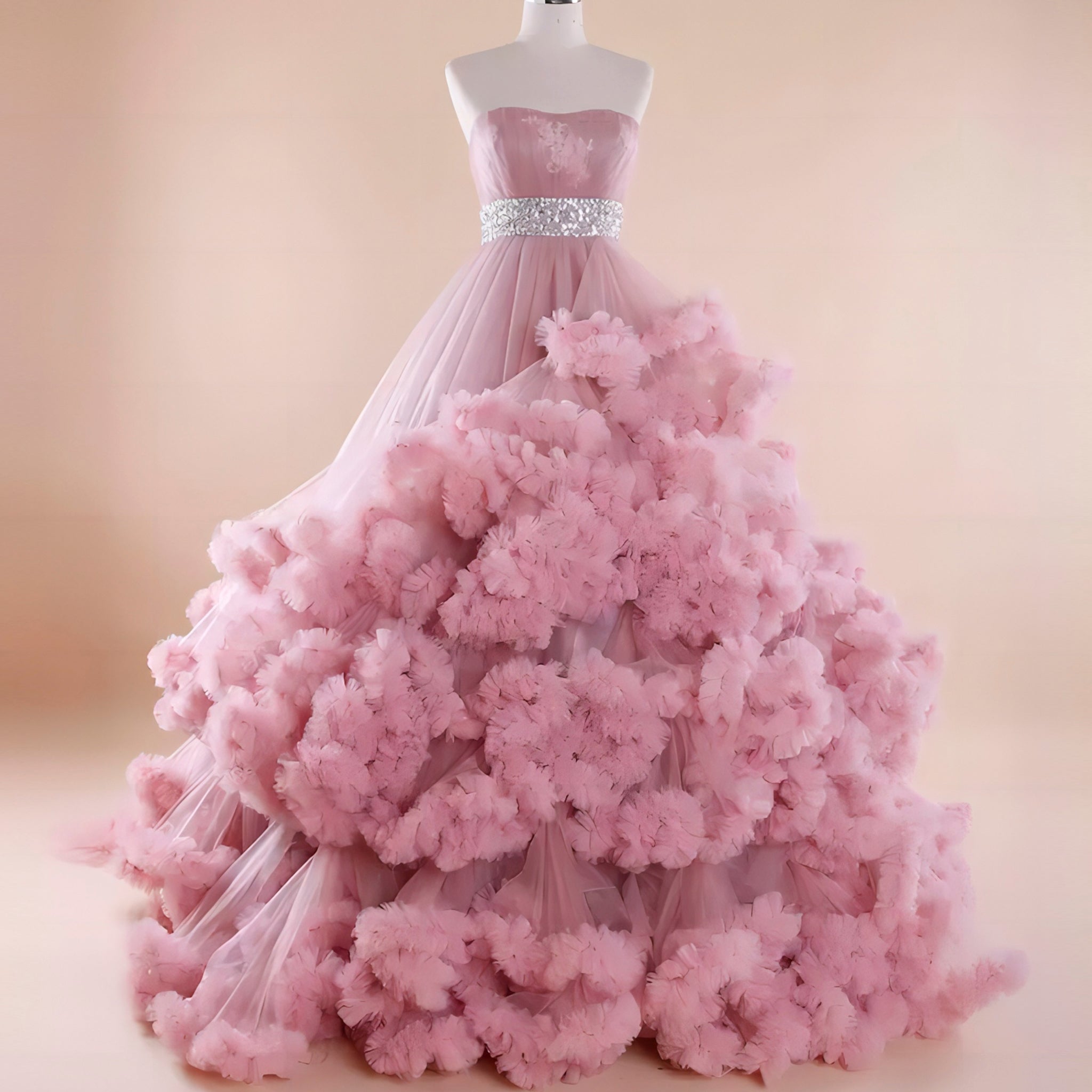 Strapless Ruffle Colored Wedding Dress with Puffy Skirt