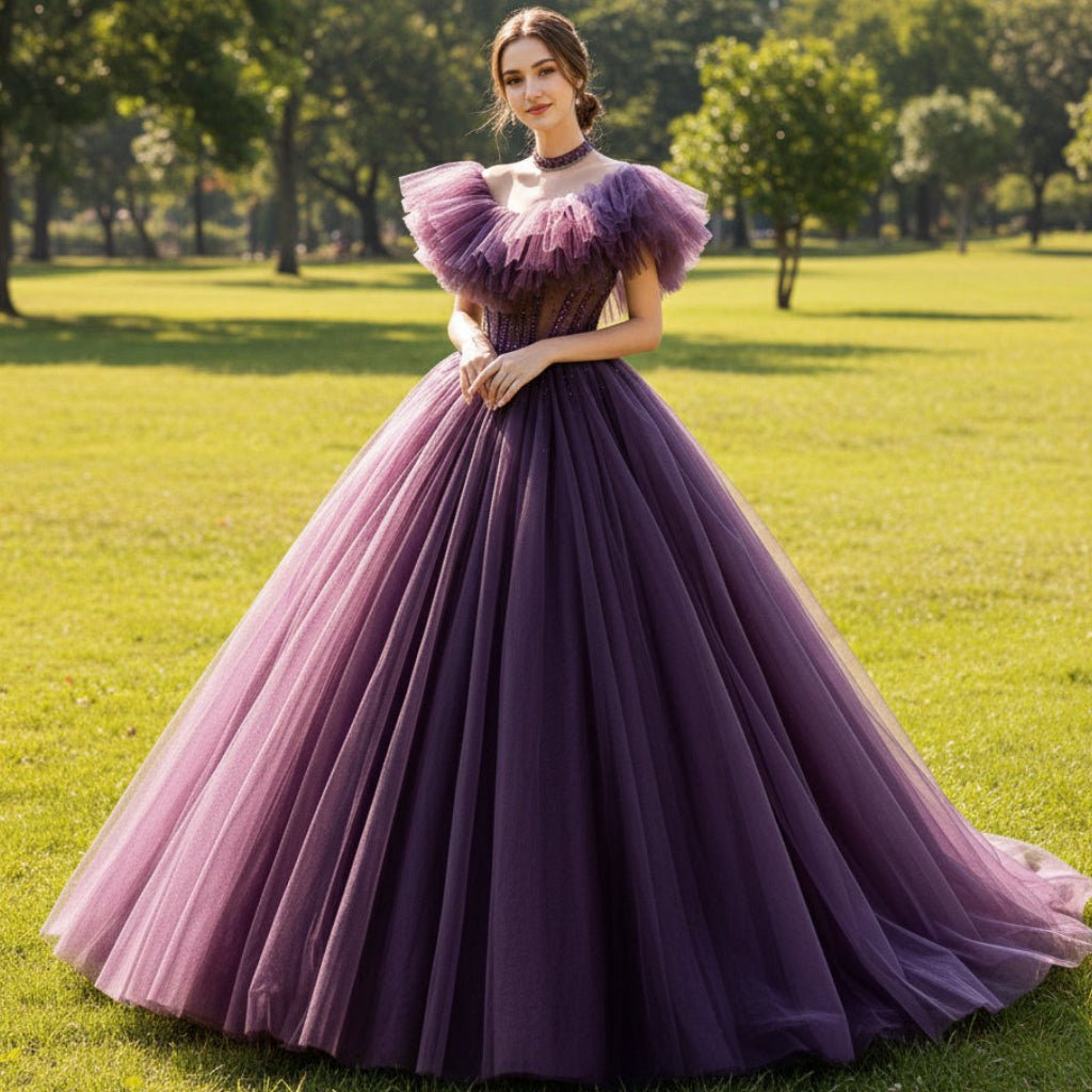 Boho Off-the-Shoulder Purple Tulle Ball Gown Wedding Dress Plum / 24W