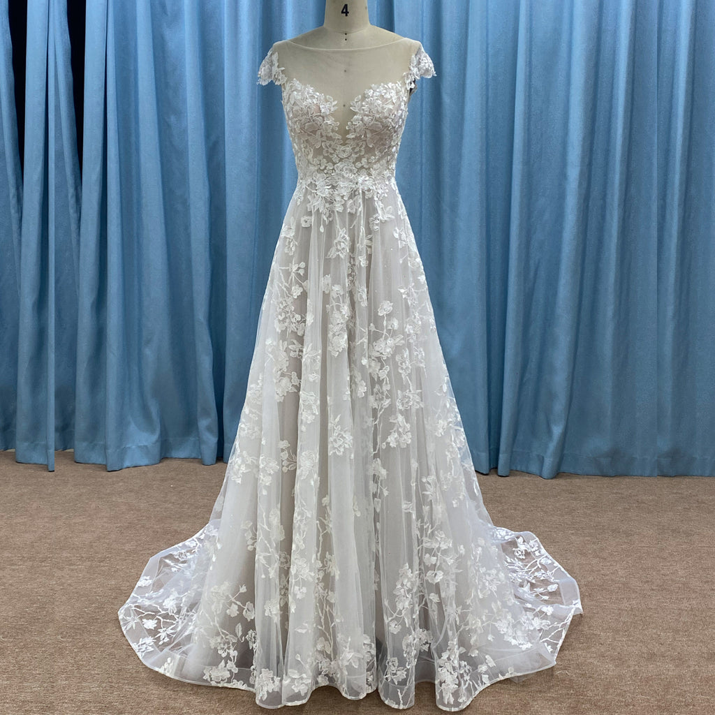 A-line Lace Wedding Dress Sheer Neck Full Illusion Sleeves Customized Bride Dresses Deep V Neck