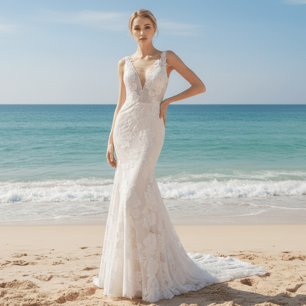 Deep V Neck Fit and Flare Wedding Dress With Open Back White / Custom Size