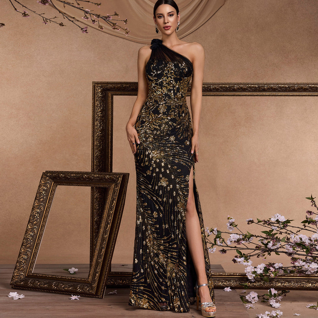 elegant black and gold dresses Elegant Black and Gold One-Shoulder Long Formal Dress with Leg Slit –  Rosymae