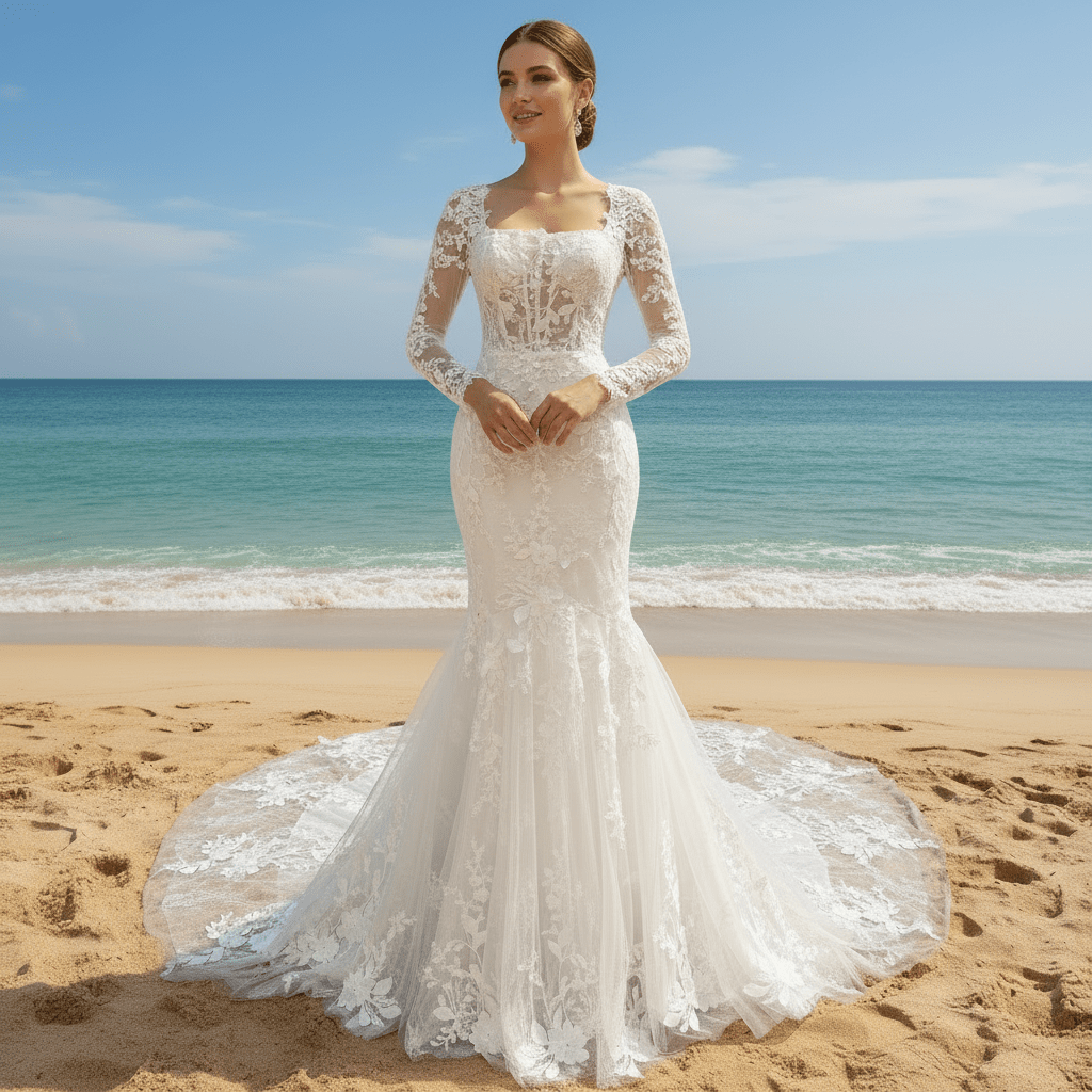 long sleeve trumpet wedding dress Trumpet Wedding Dress with Long Lace Sleeves V-Neck Bridal Gown with Rhinestones and Sheer Floral Waist Plus Size Size 8