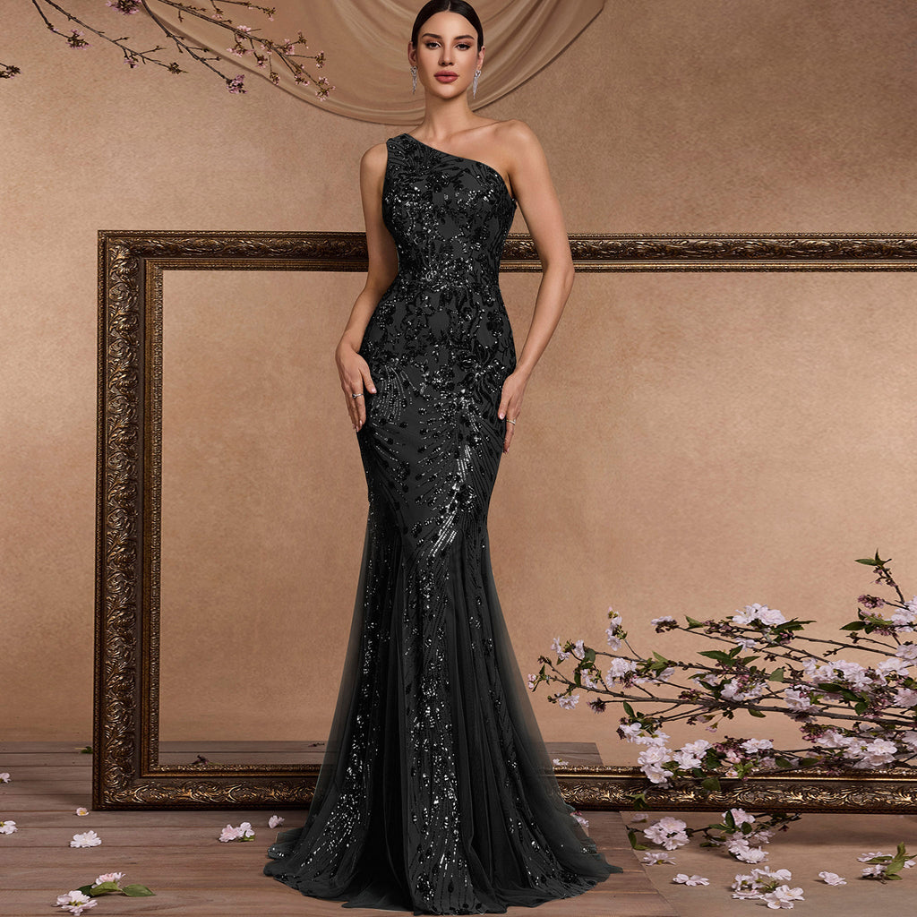 black prom dress one shoulder A-line Black One Shoulder Elegant Modest Formal Long Prom Dresses PD29 bridalsew