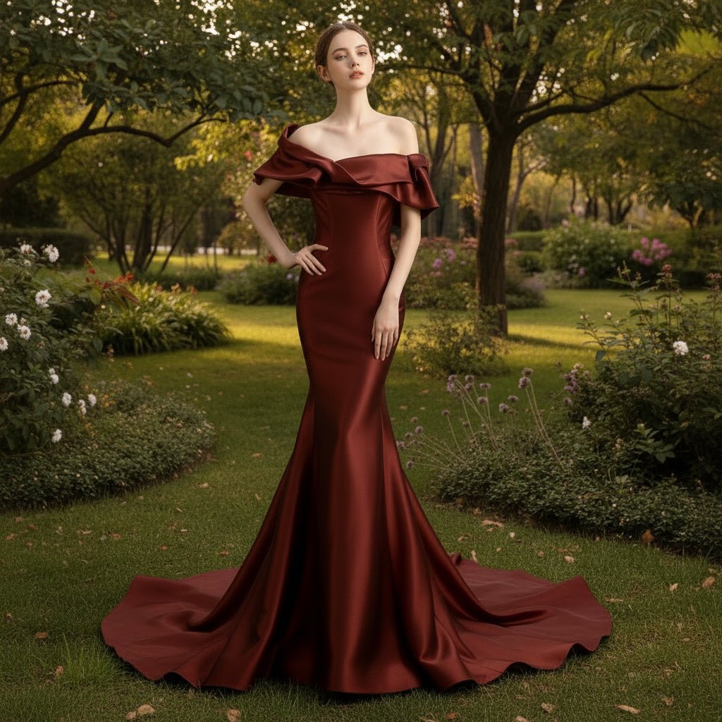plum mermaid bridesmaid dresses Gorgeous Satin Prom Dress with Off Sleeve Linad Elegant Black Lace sizechart:women_dresses Burgundy bridesmaid and modern celebrations Talla:Small