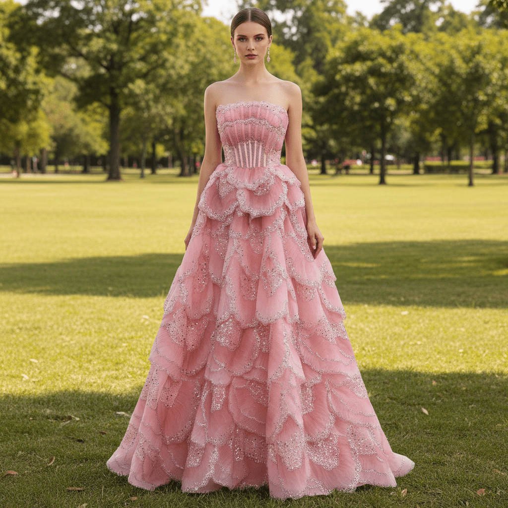 pink tiered formal dress Gown Beaded Corset & Ruffle A-Line Skirt – Rosymae Occasion:HOLIDAY