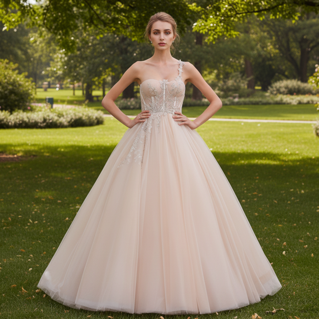 One Shoulder Applique Lace Puffy Skirt Bridal Wedding Dress Blush / 22W One Shoulder Applique Lace Puffy Skirt Bridal Wedding Dress Blush / 22W
