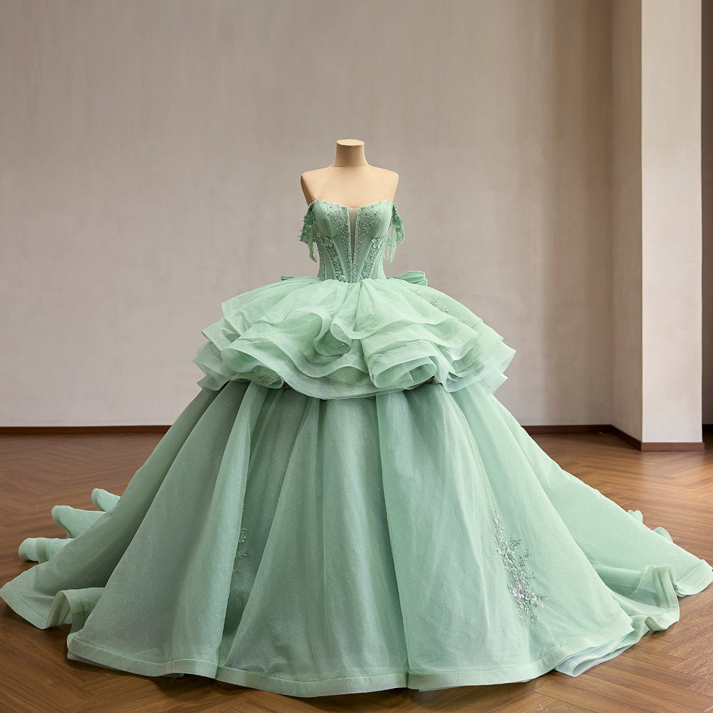quince dresses light green Off-Shoulder Corset Ball Gown Quinceanera Dress with Detac – Rosymae date night