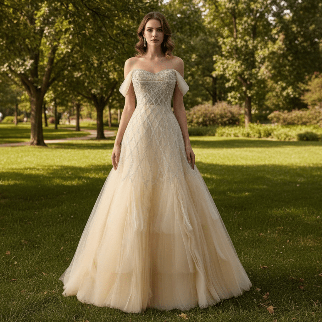 beaded bodice with tiered skirt wedding dress Luxury Champagne Evening & Stretch jersey Lining P2F Cinq à Sept Women's Size:Size A