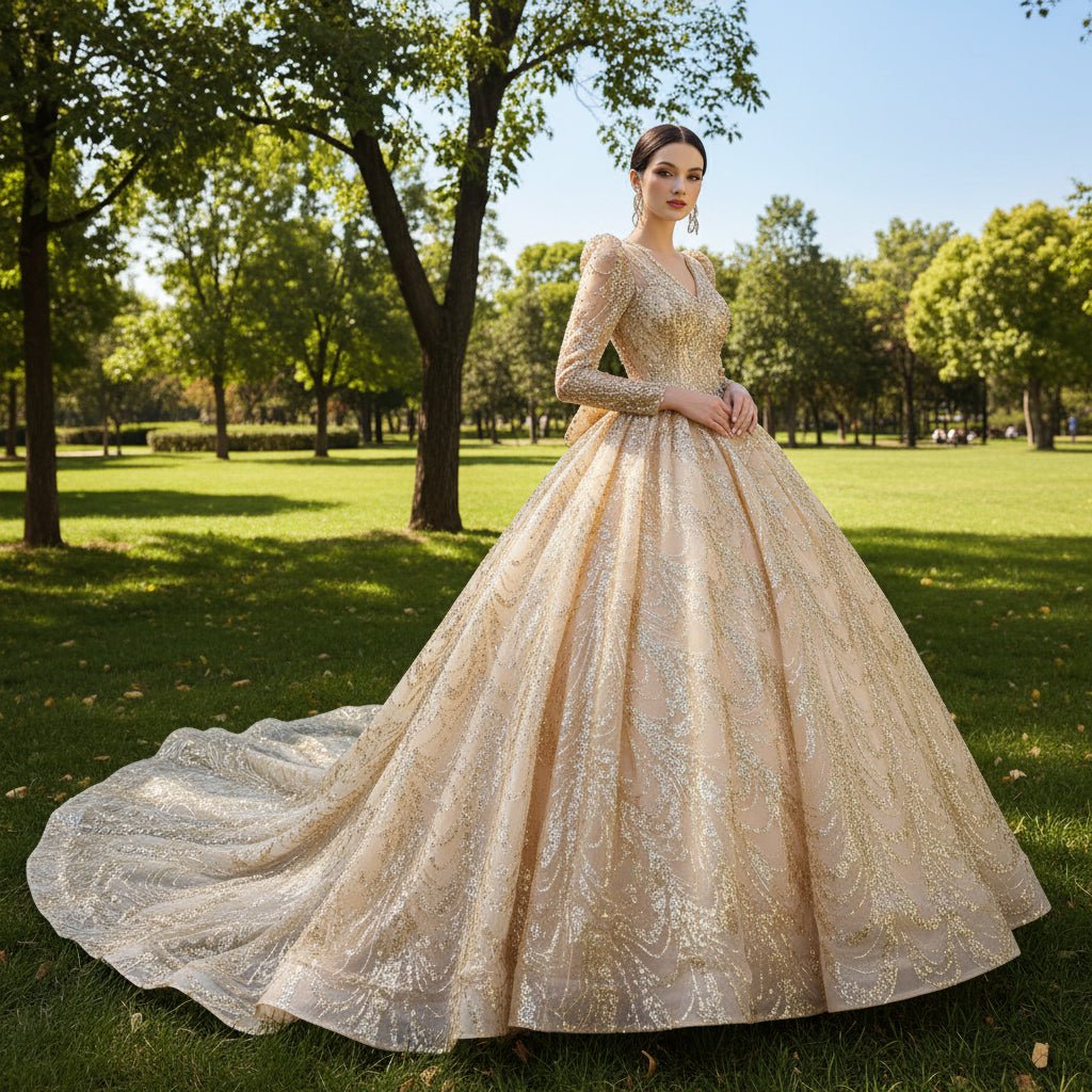 gold puffy dress Luxury Long Sleeve Ball Gown Skirt Big Wedding with B – Rosymae Length:Floor 39 inches shoulder neckline adorned with How to Style Batik YGroup_averyribbedmaxidress