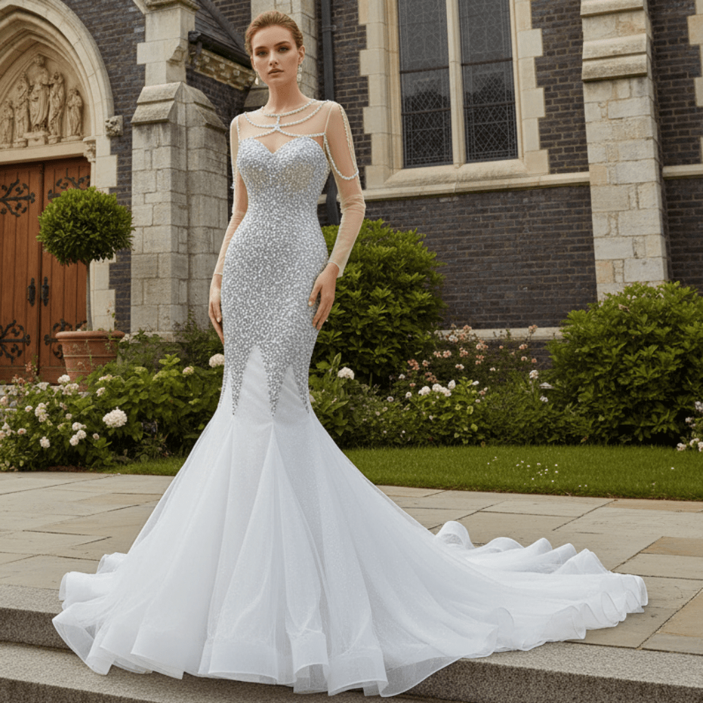 white rhinestone mermaid dress Luxury Rhinestone Mermaid Wedding Dress with Long Sleeves White / 18W