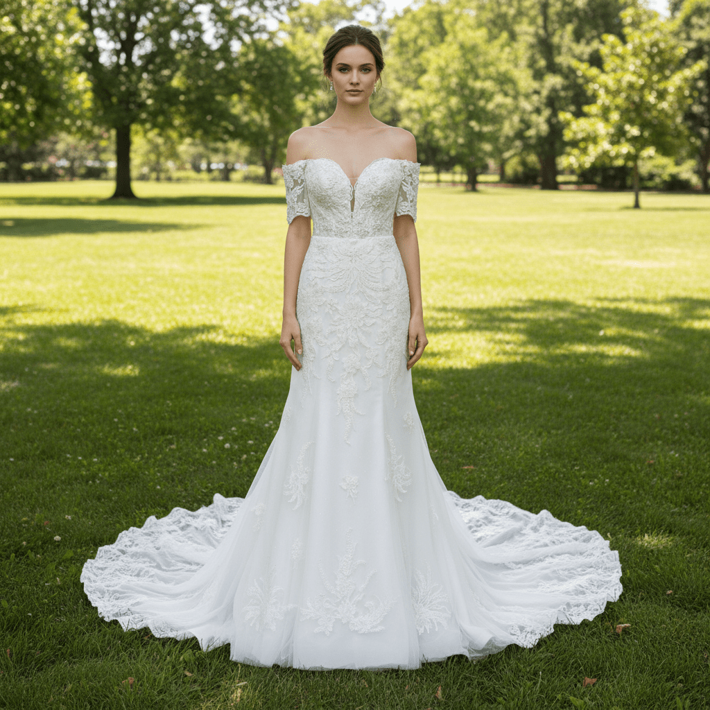 short mermaid wedding dresses Off Shoulder Sleeve Dress With V Neckline Ivory / Custom Size Chapel Train 8 SIZE:43 Style_knit Summer Waist V-Neck Printed