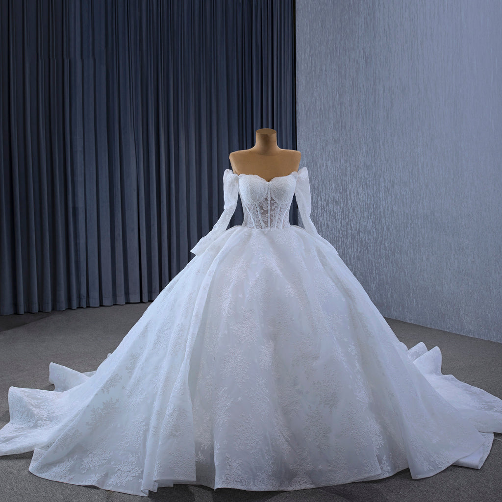 Off Shoulder Long Sleeve Ball Gown Lace Chapel Wedding Dress, Sash main image 1