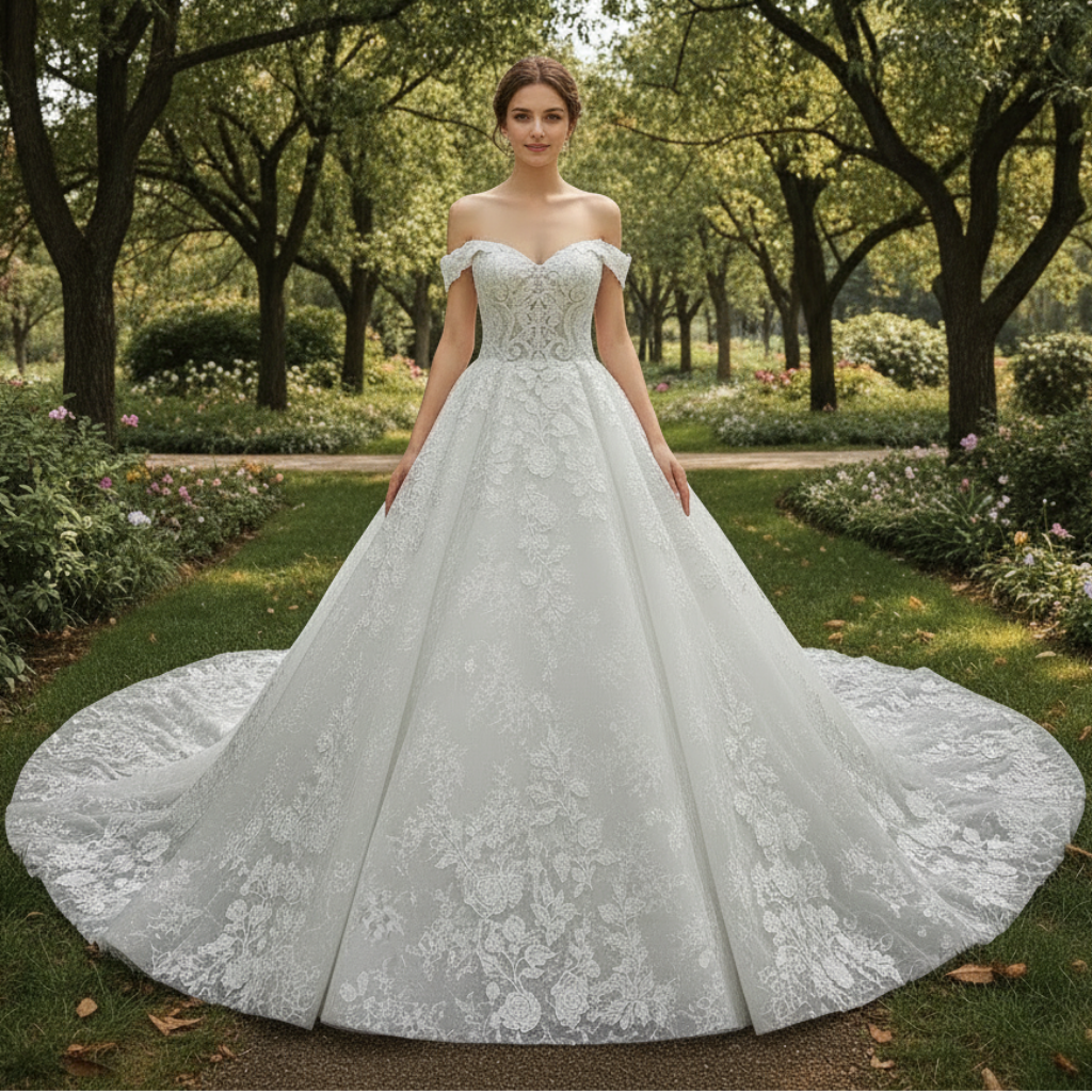 Elegant Off the Shoulder Mesh Wedding Dress with Sheer Bodice – Rosymae