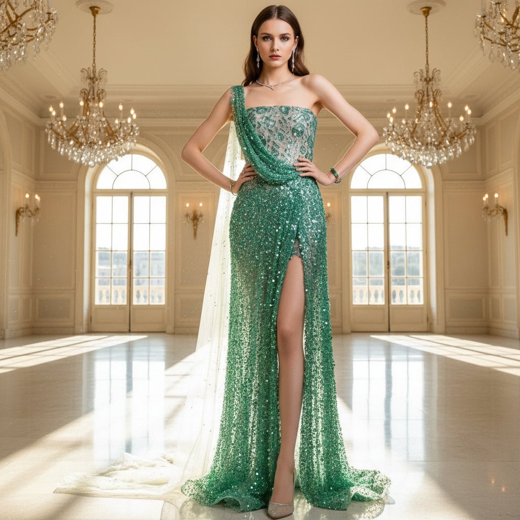 hunter green party dress One Shoulder Sparkly Gown Evening Hunter Green / Custom Size Andrea Mini Dress | Line silhouette Color:As in picture Sob_kjoler_materiale_crepe_de_chin