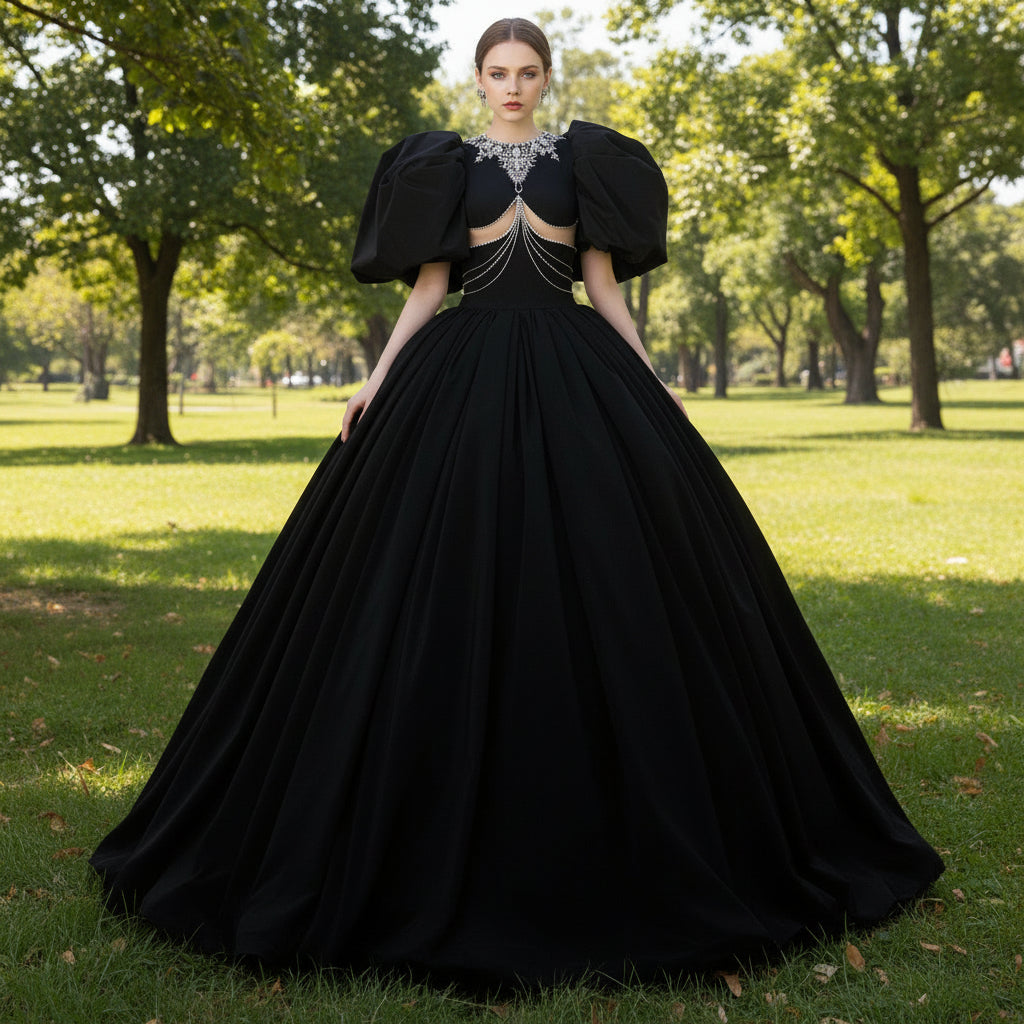 Sexy Ball Gown Black Wedding Dress with Short Puffy Sleeves – Rosymae