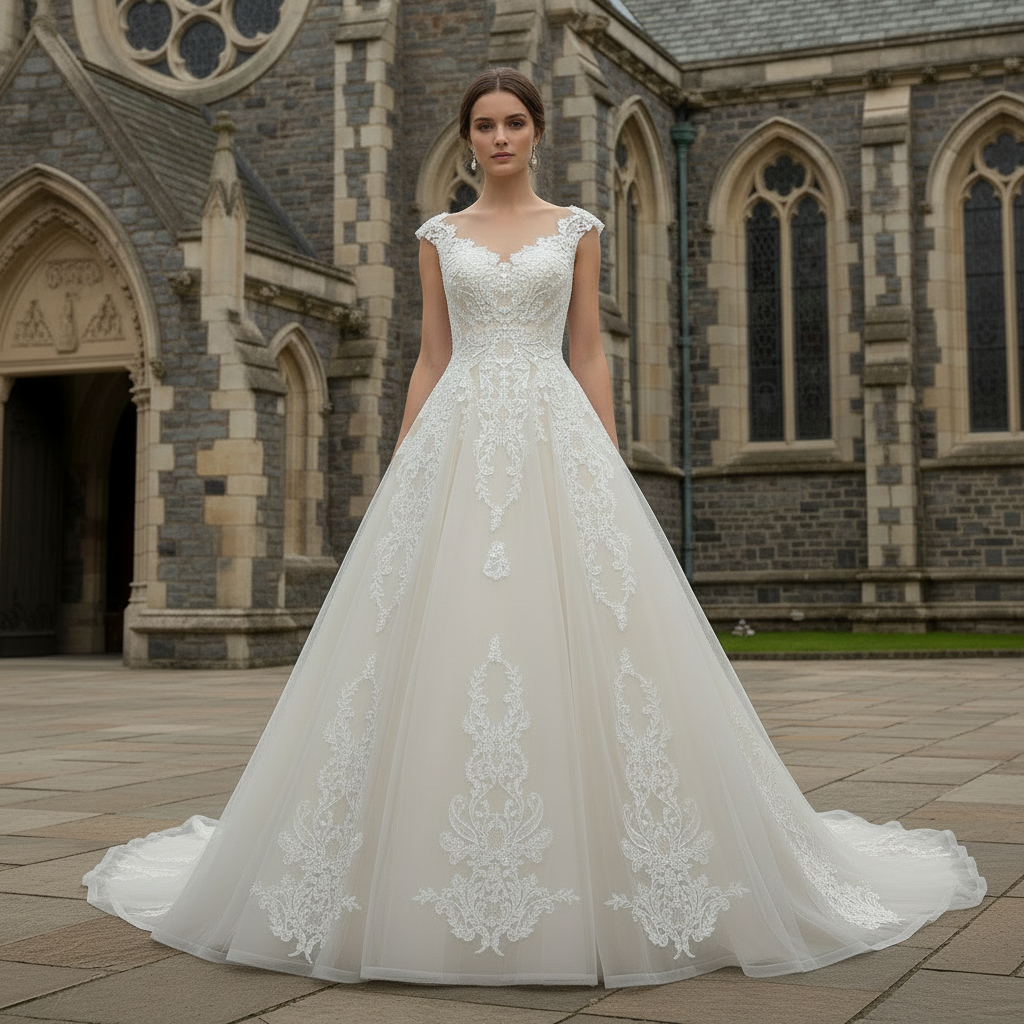 Vintage A-line Tulle Appliqued Lace Wedding Dress with Cap Sleeve Champagne / 4 Vintage A-line Tulle Appliqued Lace Wedding Dress with Cap Sleeve Champagne / 4