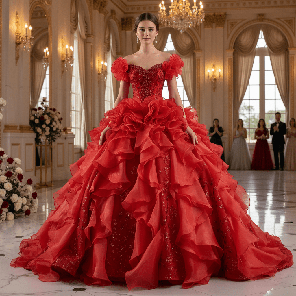 red quinceanera dresses off the shoulder Ruffle Dress Sequined Evening Gown with Custom Colors / 20W Wedding Teal And Grey Color:Cream* Embellishment_Lace Up Back color floral applique on