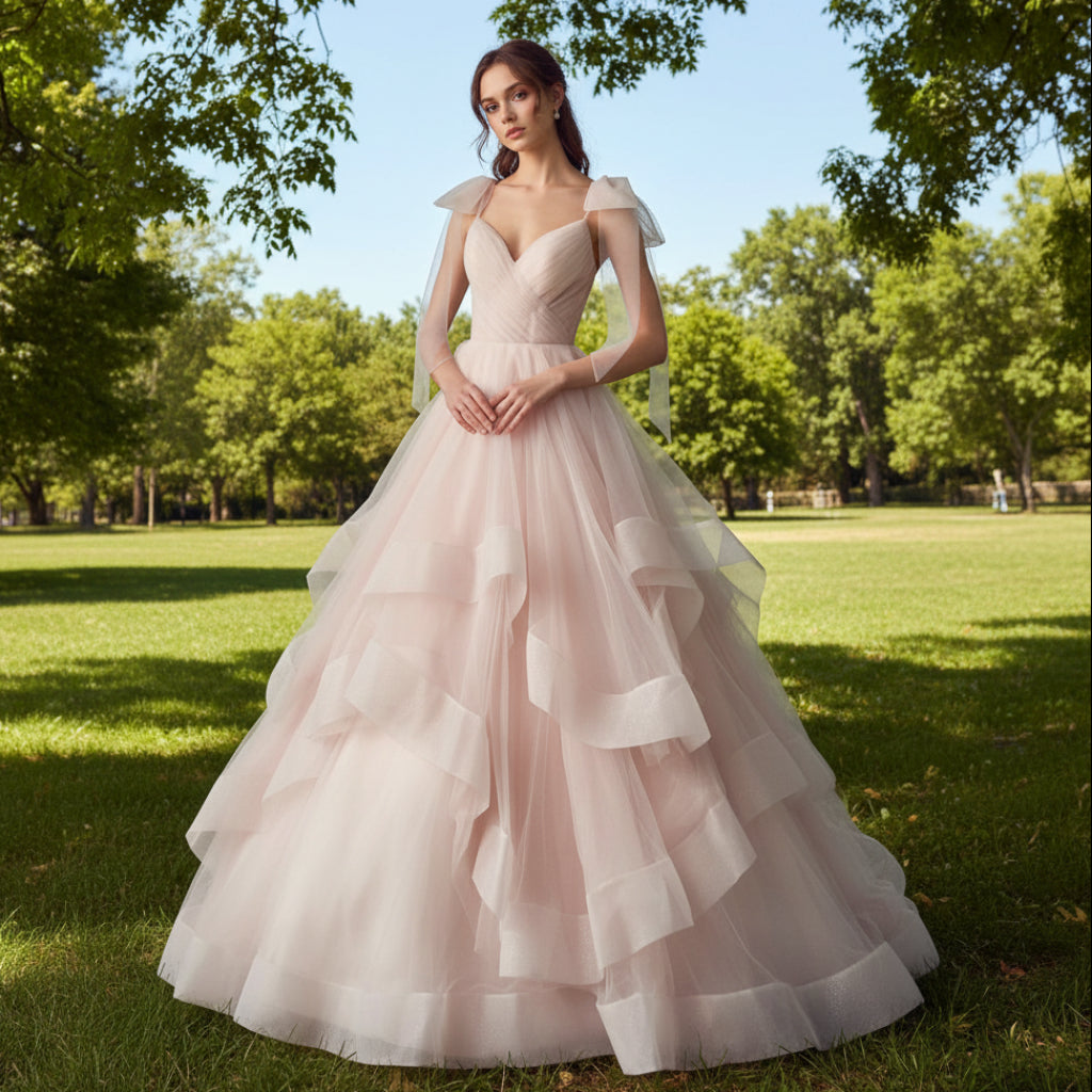 Straps Sparkly Tulle Prom Dress with Tiered Ruffle Skirt and Ruched Bodice,V Neckline Wedding Dress main image 0
