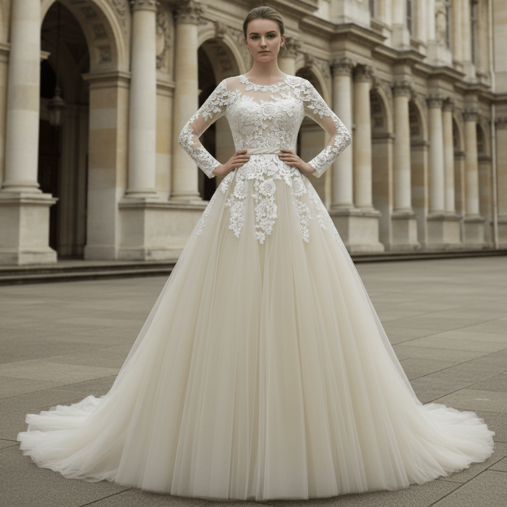 Sheer Ballgown Champagne Wedding Dresses & Gowns with 3/4 Sleeves