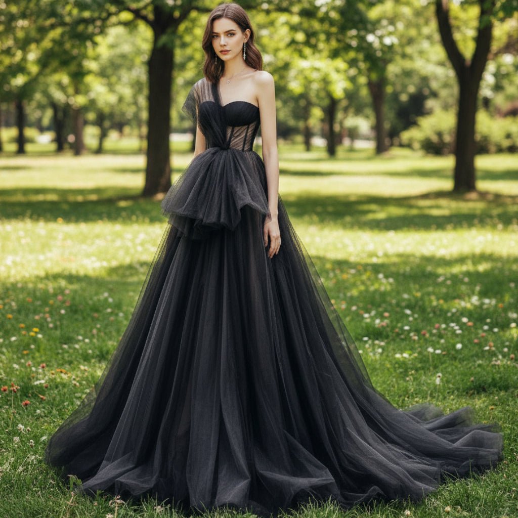 Sheer Bodice One Shoulder Ball Gown Black Wedding Dress for Women Black / 22W
