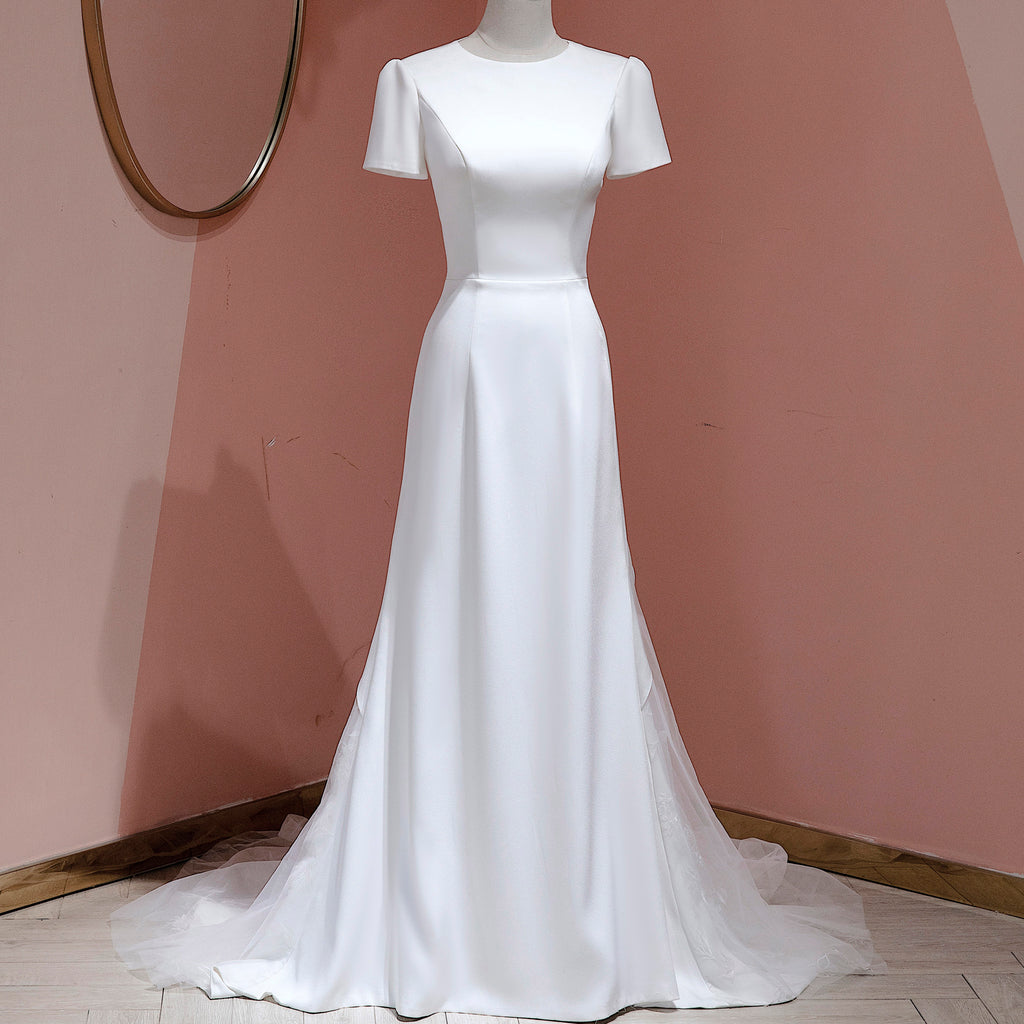 Modest A-line Square Neckline White Satin Wedding Dress Y6736