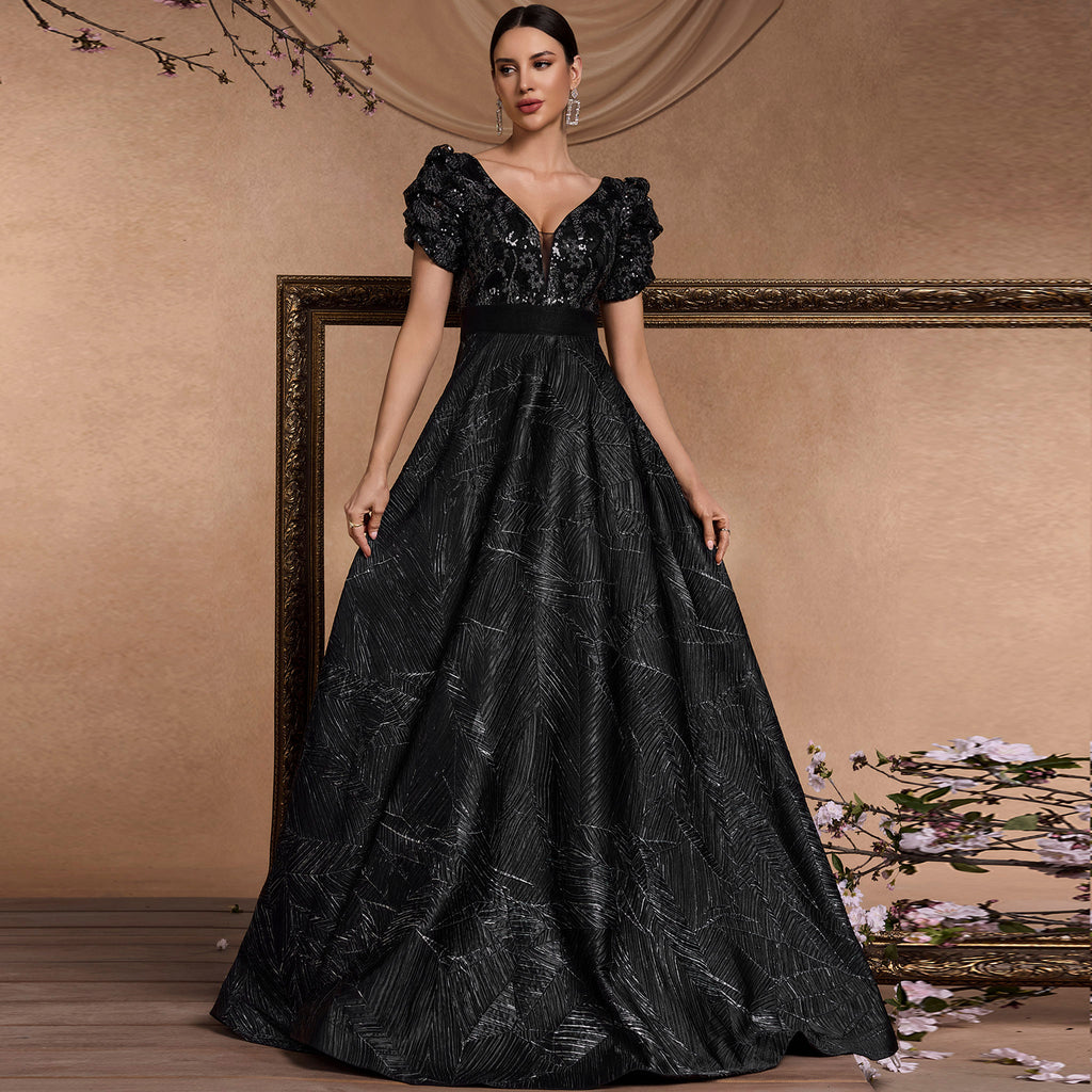 Classic Short Sleeve Black Prom Dresses Formal Gowns for Wedding - Rosymae