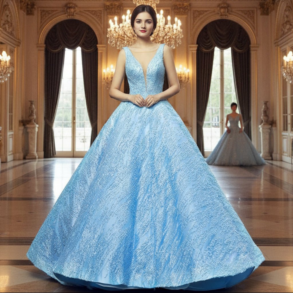 sky blue quince dresses V Neck Dress Quinceanera Gown – Rosymae sexy evening dresses Cardi B's bare-back gold-chain Color:M-Dark Royal Blue Illusion Neckline Sleeves