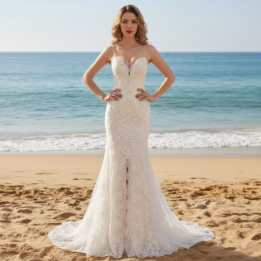 Spaghetti Strap V-neck Slit Mermaid Lace Wedding Dress – Rosymae