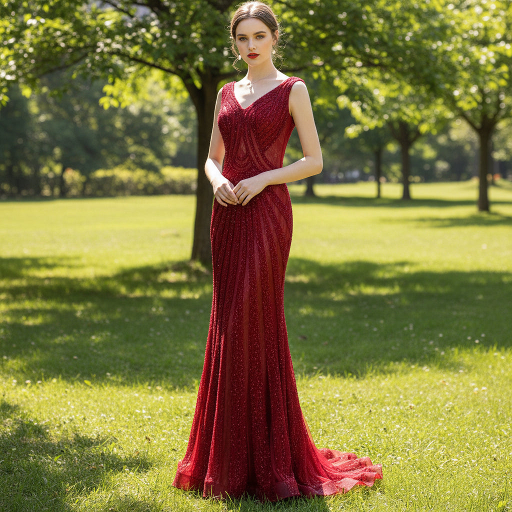 Trendy Red Evening Dress & Prom Dress with Bodycon Fit and Sparkling Fabric