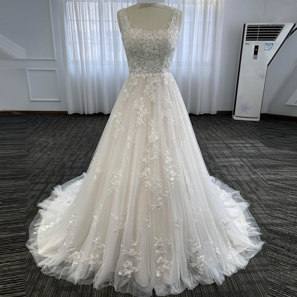 Charming A-line Square Neckline Lace Backless Wedding Dresses, FC2682