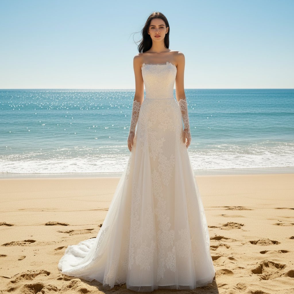 Strapless A-line Lace Beach Wedding Dress with Straight Neckline Champagne / 18